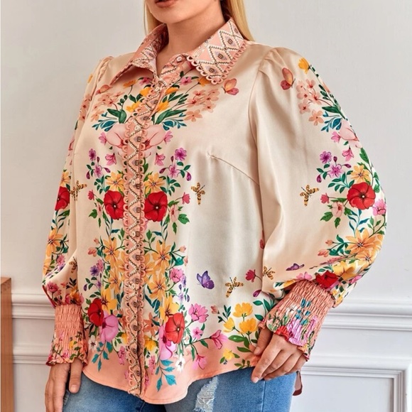 Boho Floral Print Lace Trim Smocked Shirred Cuffed Button Down Shirt Top Blouse - Picture 4 of 7